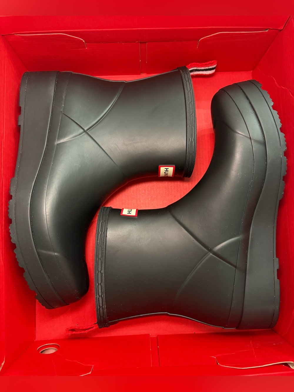Hunter Black Short Rain Boots with Red Pull Tabs